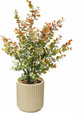 16.5" Artificial Eucalyptus Plant in Beige Ribbed Ceramic Pot Autumn Green and Orange Faux Potted Plant for Home Office Living Room Shelf Table Decor No Watering Needed
