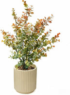 16.5" Artificial Eucalyptus Plant in Beige Ribbed Ceramic Pot Autumn Green and Orange Faux Potted Plant for Home Office Living Room Shelf Table Decor No Watering Needed