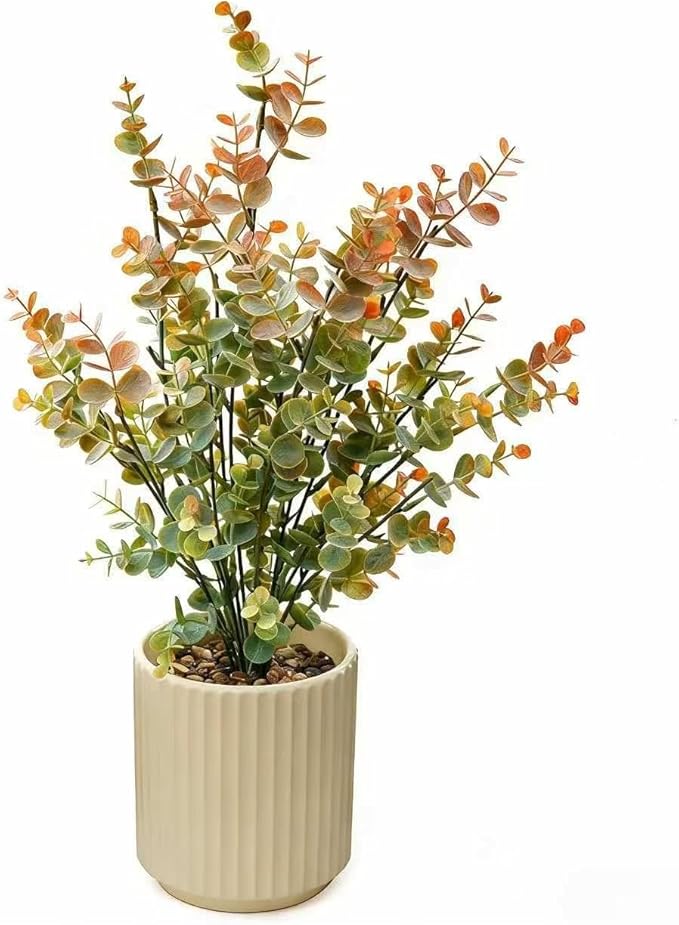 16.5" Artificial Eucalyptus Plant in Beige Ribbed Ceramic Pot Autumn Green and Orange Faux Potted Plant for Home Office Living Room Shelf Table Decor No Watering Needed