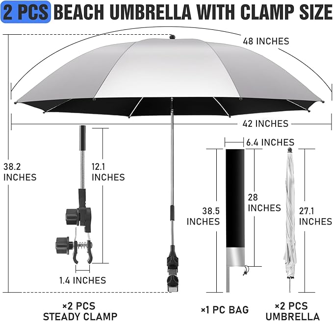 2 PACK Beach Umbrella with Clamp, 360 ° Adjustable Umbrellas for Chair, UPF50+ Umbrella for Beach Chair, Patio Chair, Wheelchair, Camping Chair, Golf Carts (Chair Not Included)