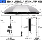 2 PACK Beach Umbrella with Clamp, 360 ° Adjustable Umbrellas for Chair, UPF50+ Umbrella for Beach Chair, Patio Chair, Wheelchair, Camping Chair, Golf Carts (Chair Not Included)