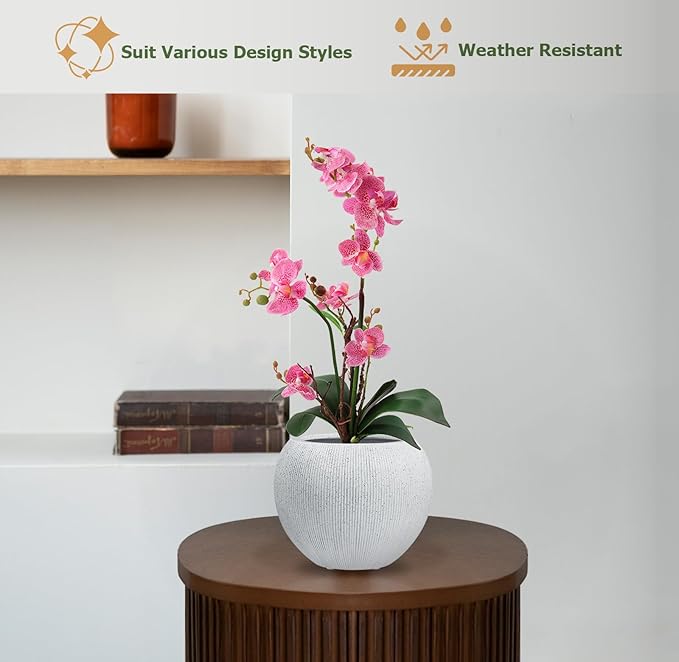 9.7" H x 12" D Premium Ribbed Globo Fiberstone Round Planter with Drainage Hole, Weather Resistant for Indoor and Outdoor Use, Included 2 Extra Coco Mats (Speckled White, 7.8" Pot Opening)