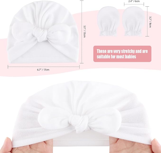 BQUBO Baby Turban Hats and Mittens Set Newborn Infant Hospital Hats Caps with Bows for Baby Boys Girls 0-12 Months