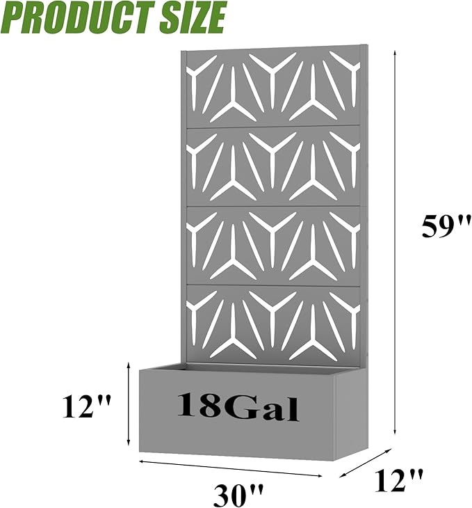 Casaphoria Metal Raised Garden Bed with Trellis, 59"x30"x12" Planter Box for Climbing Plants, Vegetables & Vines, Features Drainage Holes and Privacy Screen, Grey-Star
