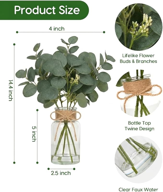 Velener Faux Eucalyptus Stems in Vase with Faux Water, Fake Plants Indoor Artificial Eucalyptus Plant for Home Decor, Kitchen Bathroom Farmhouse Living Room Coffee Table Centerpieces for Tables Green