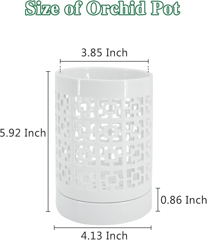 Orchid Pots with Holes 4 Inch, Ceramic Orchid Pot for Repotting with Saucers,More Ventilation Hole Easy Breathing, Plant Pot for Repotting Orchids and Other Flowers - Indoor/Outdoor White