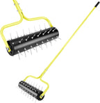 21" Rolling Lawn Aerator, 45 Preassembled Spikes, Only Needs 3-5 Minutes to Assemble, No Looseness, Good Package, 75" Long Handle with Quick Clip Connections, U-Shape Construction - Yellow.