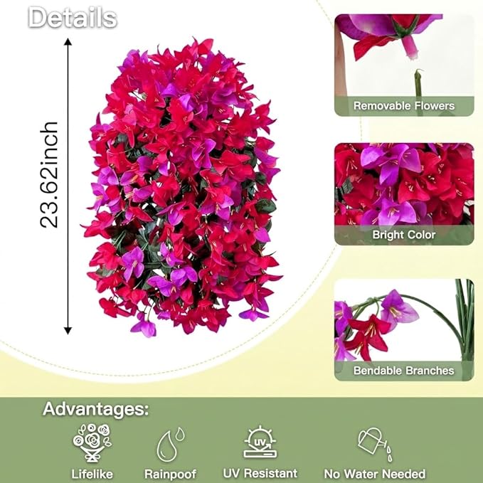 Artificial Flowers for Outdoors Fake Fuchsia Hot Pink Bougainvillea Hanging Flower Decoration, 2Pcs Realistic Faux Silk Plants Long Trailing Vines, Spring Decor for Porch Patio Balcony Planter Yard