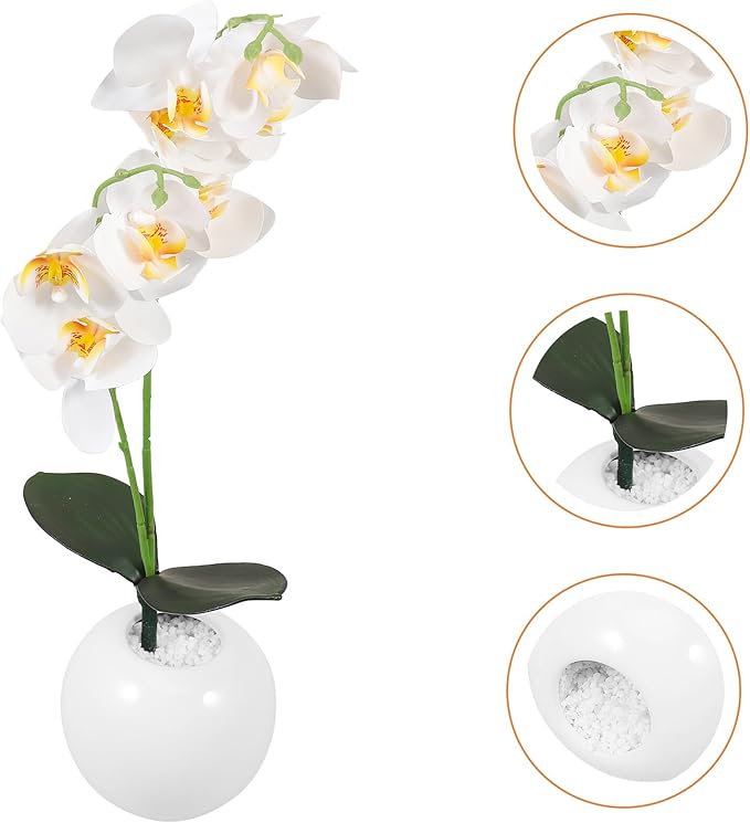 Artificial White Phalaenopsis Orchid Bonsai Faux Potted Plant Lifelike Tabletop Fake Flower Ornament Home Decor for Living Room Office