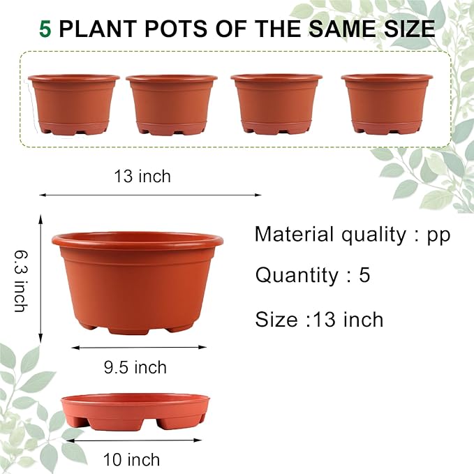 KPUVX Outdoor Flower Pots 5 Packs 13 inch pots for Plants Modern Decorative Garden Pot with Saucer, Lightweight Large Resin Planters for Indoor Plants,Decorative Resin Plant Pots