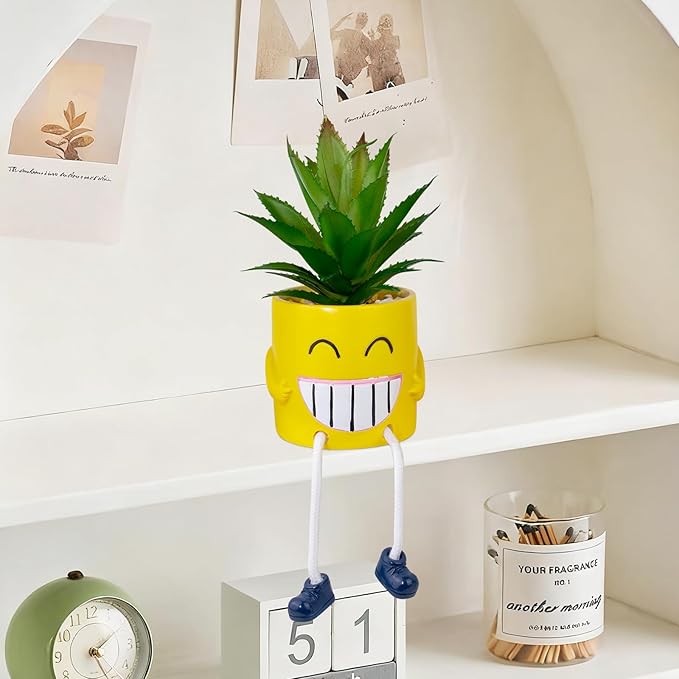 Fake Plants Small Potted Succulents with Yellow Pot, Creative Artificial Succulent Plants in Hanging Leg Fun Pot, Mini Vibrant Faux Plant for Home Office Desk Decor and Gift Choice
