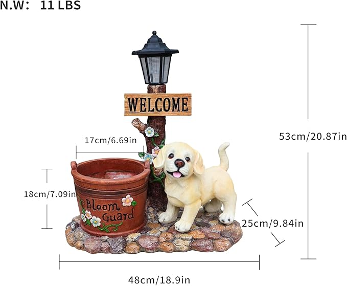 Animal Outdoor Statue Planter Solar Light Welcome Garden Sculpture Resin Flower Pot Decorative Porch Patio Yard Lawn Entryway Figurine with LED Lamp Rustic Plant Holder Ornament Courtyard (G)
