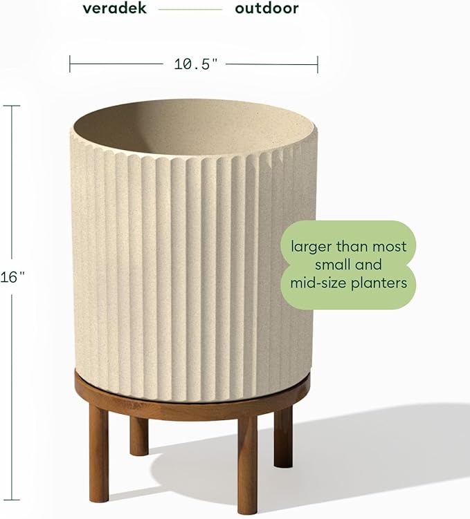 Veradek Demi Series Round Planter w/ Stand for Porch/Patio | Durable Plastic-Concrete & Wooden Stand | Modern Décor for Tall Plants, Flowers