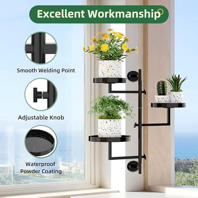Rotating Window Plant Shelf Wall Plant Shelf Indoor Metal Plant Stand Window Shelves for Plants 3 Tier Plant Stand Wall Plant Holder Wall Planters for Indoor Plants, Outdoor Plant Stands for Patio, Black