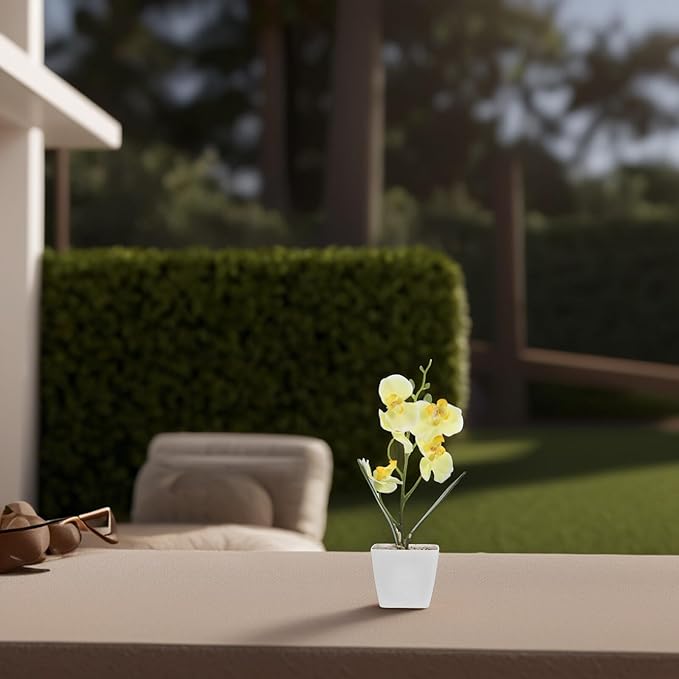 Artificial Orchid Flowers in Yellow Plastic Pot Faux Silk Orchid Arrangement for Home and Office Decor for Living Room Table Centerpiece