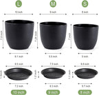 WSMKSZ 10/9/8 inch Medium Plant Pots, 3 Pack Modern Decorative Plastic Planters with Drainage Holes and Saucers, Flower Pots for Indoor Outdoor Plants, Black