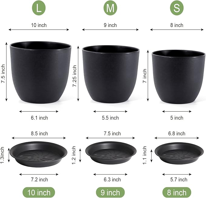 WSMKSZ 10/9/8 inch Medium Plant Pots, 3 Pack Modern Decorative Plastic Planters with Drainage Holes and Saucers, Flower Pots for Indoor Outdoor Plants, Black
