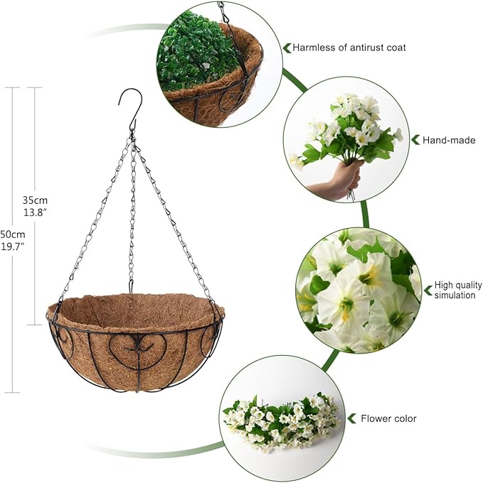 Homsunny Artificial Fake Hanging Flowers Plants Basket for Outdoors,Artificial Petunias for Outdoor Fake Silk Flowers Porch Patio Courtyard Spring Summer Decor(Green White)