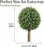 Artificial Boxwood Topiary Tree, 26" Faux Outdoor Plant in Pot, UV Resistant Fake Greenery for Front Porch, Patio, Entryway & Garden Decor