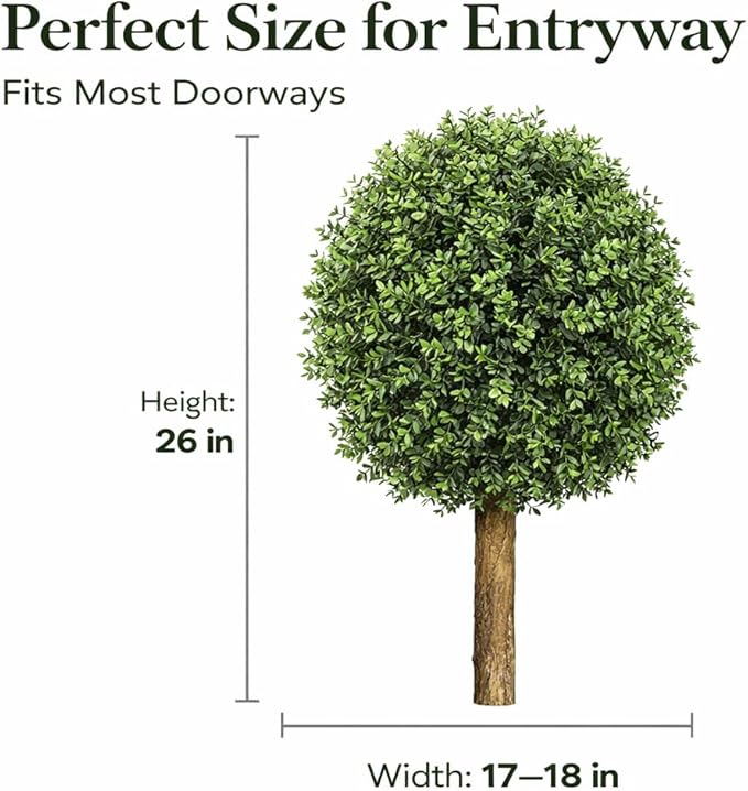 Artificial Boxwood Topiary Tree, 26" Faux Outdoor Plant in Pot, UV Resistant Fake Greenery for Front Porch, Patio, Entryway & Garden Decor