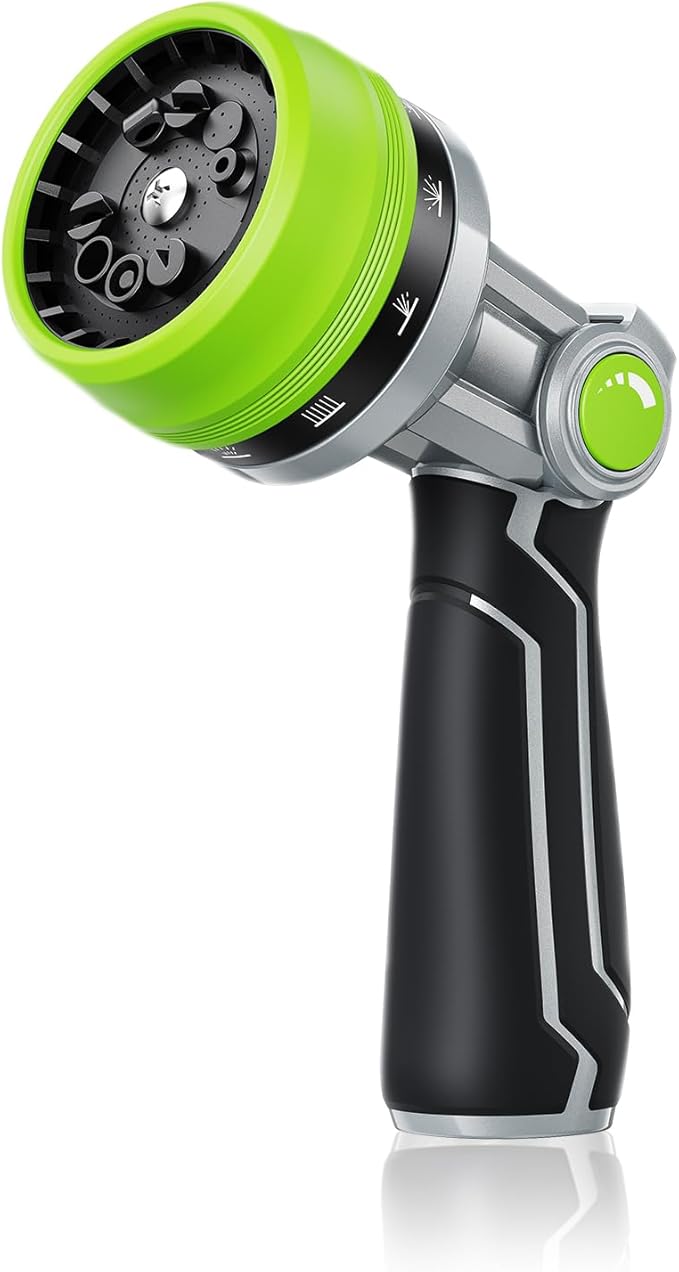 RAINPOINT Full-Metal Garden Hose Nozzle, Heavy Duty Water Hose Nozzle Sprayer With 10 Adjustable Patterns & High Flow,Thumb Control For Flow Adjustment, Ideal For Watering, Washing, Cleaning,Green