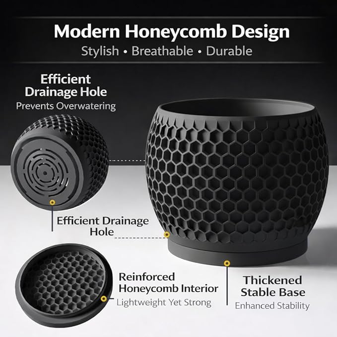 Plant Pots, Modern 3D Printed Honeycomb Planters for Indoor Plants, 4.7 Inch Matte Black Decorative Flower Pot for Office Desktop, Bookshelf & Home Decor, Lightweight & Durable.