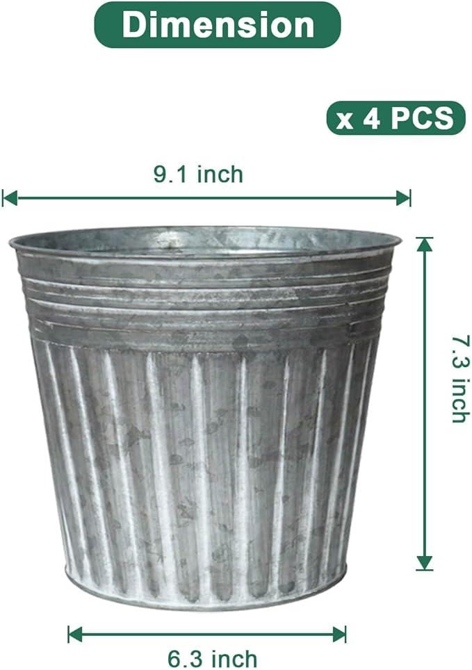 vensovo 9 Inches Silver Metal Rustic Plant Pots - 4 Pcs Large Galvanized Planters with Drain Hole and Rubber Plug, Rustproof Tin Bucket Flowerpot for Indoor Plants Farmhouse Vintage Style for Decor