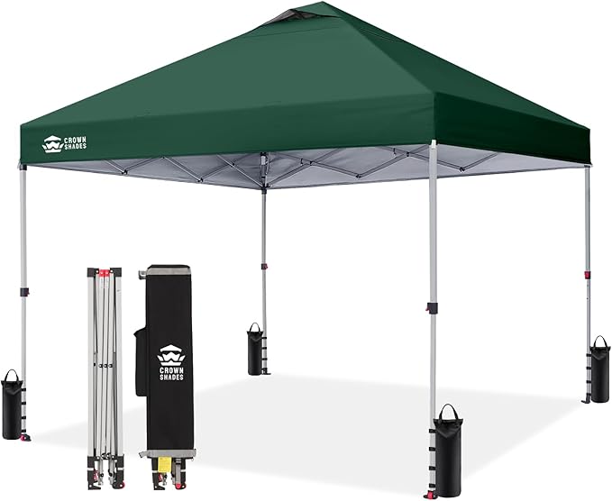 CROWN SHADES 10x10 Pop Up Canopy - Beach Tent with One Push Setup - Easy Outdoor Sun Shade for Events, Parties, Camping - Gazebo with STO-N-Go Cover Bag, Silver Coated Top, Forest Green