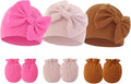 Newborn Baby Hats Mittens Sets Bow Infant Caps Gloves No Scratch Mitten Beanie Set for 0-6 Months Girls