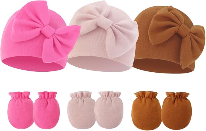 Newborn Baby Hats Mittens Sets Bow Infant Caps Gloves No Scratch Mitten Beanie Set for 0-6 Months Girls
