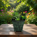 Hosley Set of 4 Green Patina Embossed Metal Planters with Ornate Floral Design, 5.25" L x 5.25" W x 5" H – Ideal for Floral Arrangements, Home Décor, Garden Accents, Rustic Weddings.