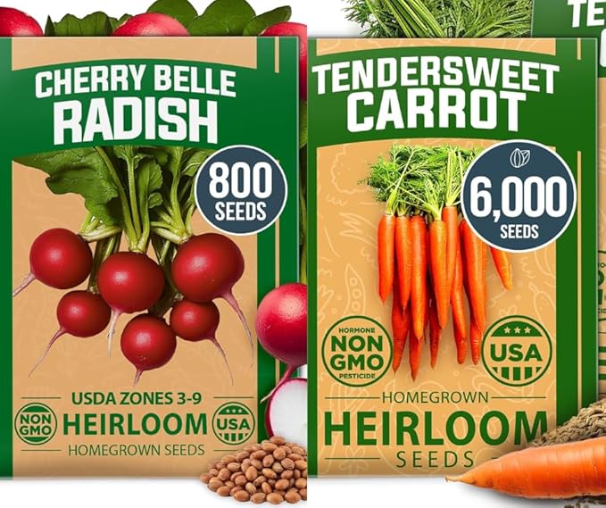 HOME GROWN 𝗨𝗦𝗔 𝗣𝗥𝗘𝗠𝗜𝗨𝗠 Cherry Belle Radish Seeds 800 & Tendersweet Carrots Seeds 2 Pack 6000