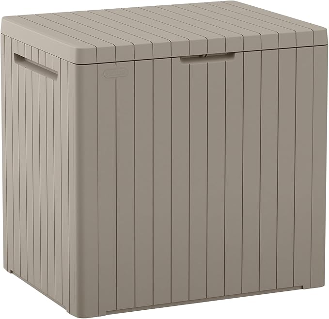 Keter City 30 Gallon Resin Outdoor Storage Box and Patio Furniture Side Table for Pool and Garden Accessories, Beige