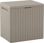 Keter City 30 Gallon Resin Outdoor Storage Box and Patio Furniture Side Table for Pool and Garden Accessories, Beige