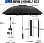 2 PACK Beach Umbrella with Clamp, 360 ° Adjustable Umbrellas for Chair, UPF50+ Umbrella for Beach Chair, Patio Chair, Wheelchair, Camping Chair, Golf Carts (Chair Not Included)