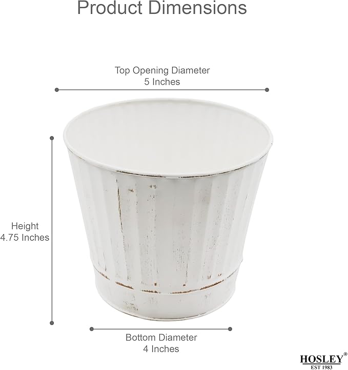 Hosley Metal Plant Pot White Wash Finish - 5" Dia x 4.8" H Flower Pots, Ideal for Farmhouse Décor, Planters for Outdoor Plants, Weddings, Gifts, Special Events Parties