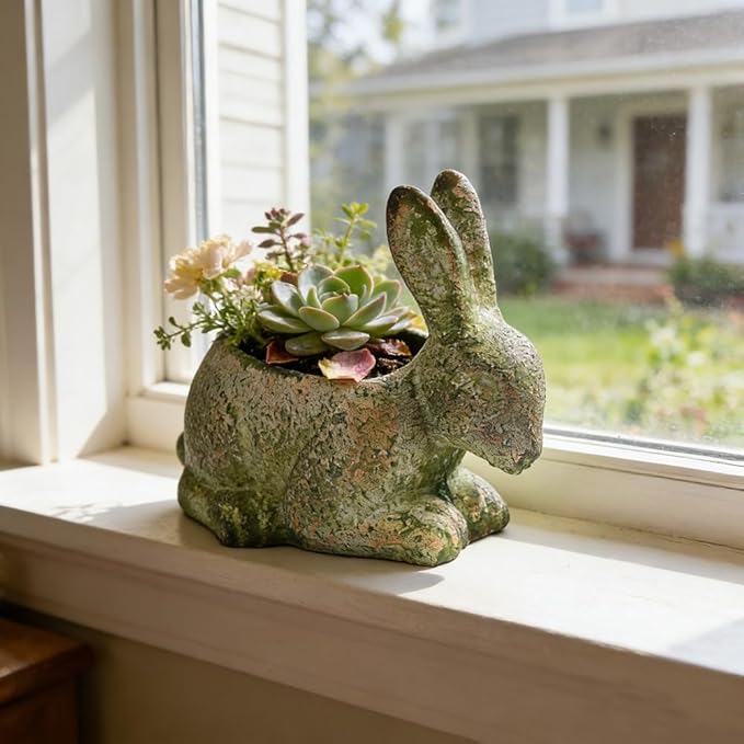 Vintage Cement Animal Planter Pots,Cement Succulent Planter,Indoor & Outdoor Garden Decor Rustic Shabby Flower Plants for Home,Patio,Balcony(Green Rabbit)