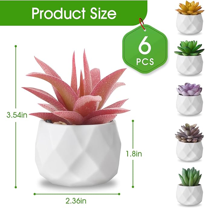 ZINHO Fake Succulent Plant Set 6 PCS Artificial Succulent Plants for Desk Realistic Faux Succulents in Plastic Pots Mini Colorful Succulent Decor for Bedroom Bathroom Office Shelf Decor (Mix)