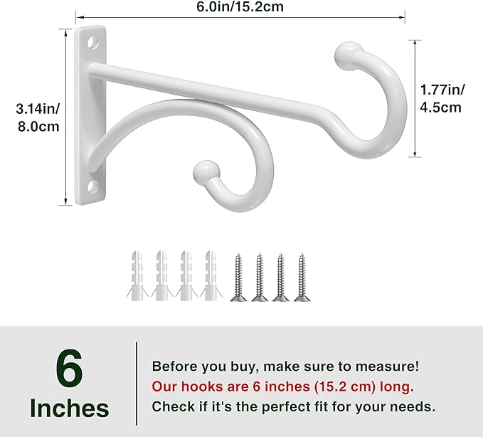 pickpiff 6-Inch Planter Hooks for Hanging Plants - Plant Hanger Hook Indoor Outdoor, Plant Wall Hooks, Brackets for Hanging Plants, Baskets, Wind Chime, Bird Feeder, Bird House (White, Metal, 2 Pack)