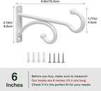 pickpiff 6-Inch Planter Hooks for Hanging Plants - Plant Hanger Hook Indoor Outdoor, Plant Wall Hooks, Brackets for Hanging Plants, Baskets, Wind Chime, Bird Feeder, Bird House (White, Metal, 2 Pack)