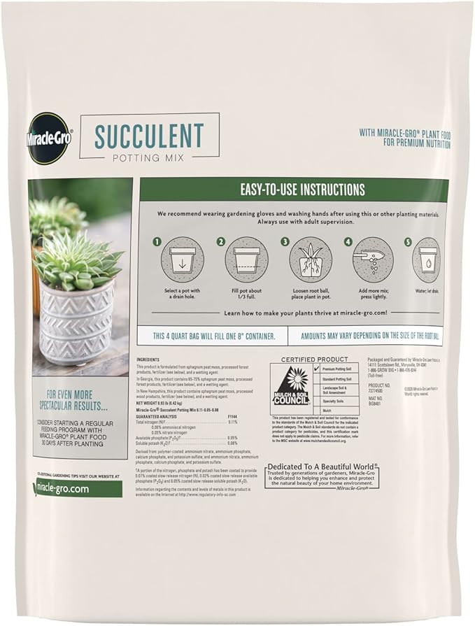 Miracle-Gro Succulent Potting Mix - Potting Soil Mix for Indoor Succulents, Aloe Vera and More, Made with Miracle-Gro Plant Food, 4 qt. (2-pack)