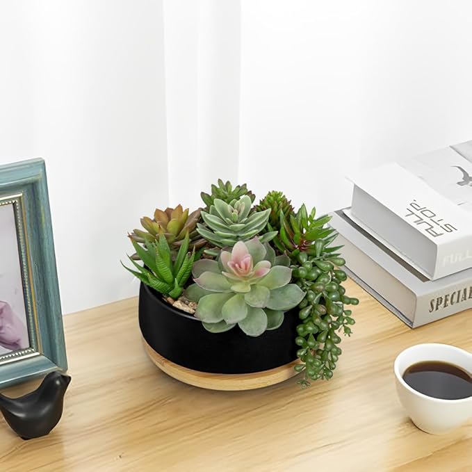 Artificial Succulent Plants in Pot 5.5 Inch Fake Succulents Arrangement Potted Plant in Black Ceramic Planter Bowl with Wood Saucer for Home Office Desk Shelf Living Room Bedroom Bathroom Decor