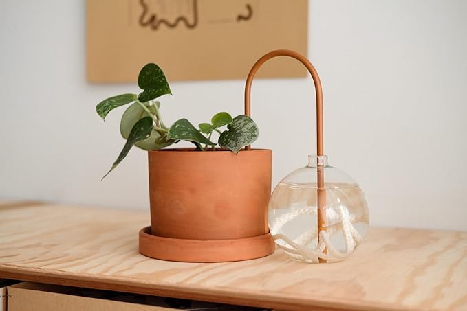 Beautiful Self-Watering Wick System for Effortless Plant Care, Automatic Drip Irrigation, Sustainable & Stylish Scandinavian Design, Ideal for House Plants (S, Brown Terracotta)