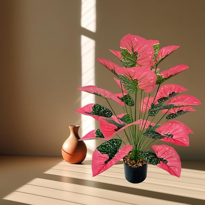 Artificial Caladium Plant with Red and Green Leaves, Red Leaf Artificial Plants Decoration Simulated Bonsai Potted Decor Home Room Party Wedding Office Floor(Rosered(No Flowerpot), 75cm)