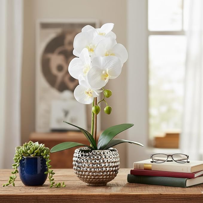 Fake Flowers with Vase, Large Orchids Artificial Flowers in Silver Pot Fake Orchid Fake Plant in Pots Artificial Flowers for Home Decor Indoor Table Centerpiece Bathroom Decoration