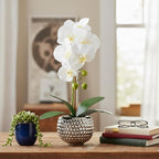 Fake Flowers with Vase, Large Orchids Artificial Flowers in Silver Pot Fake Orchid Fake Plant in Pots Artificial Flowers for Home Decor Indoor Table Centerpiece Bathroom Decoration
