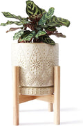 8 Inch Plant Pot with Stand, Ceramic Planter with Drainage Holes, Saucers and Mesh Pads for Indoor-Outdoor Plants
