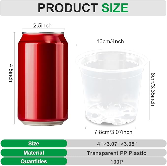 RooTrimmer 100 Pack 4 Inch Clear Plant pots with Drainage Holes, Transparent Nursery Seeding Pots, Flexile Seeds Starter Pots, Seeds Germination (4Inch,100P,Clear)