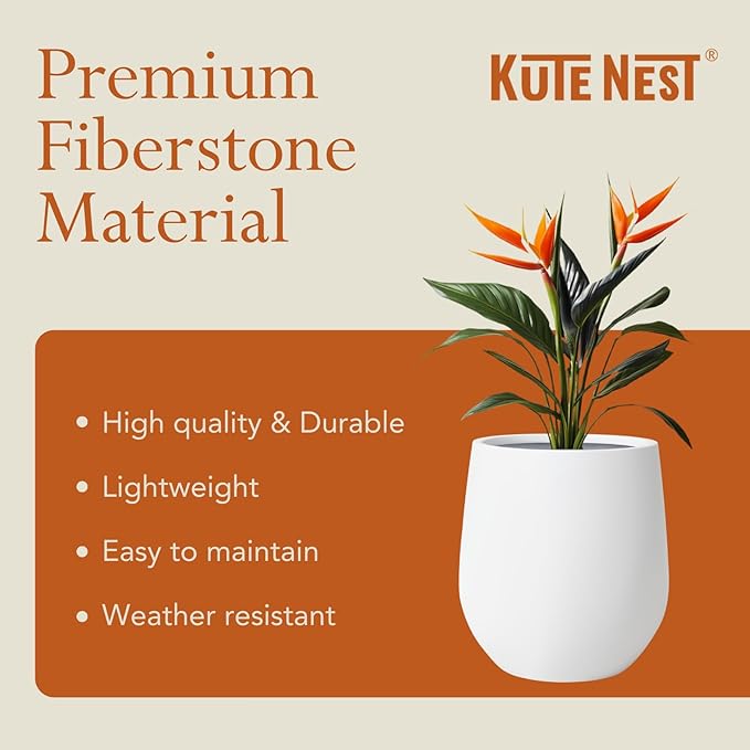12.5" H x 11.4" D Premium Corso Fiberstone Round Tapered Planter with Drainage Hole, Weather Resistant for Indoor and Outdoor Use, Included 2 Extra Coco Mats (White, 9" Pot Opening)