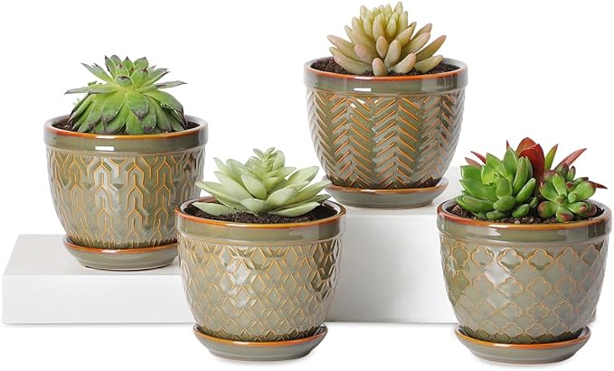 Sureasy Ceramic Plant Pots, 4.7 Inch Flower Pots for Indoor Plants, Succulent Pots with Saucer and Drainage Hole, Decorative Planter for Succulent, Cactus, Set of 4, Green